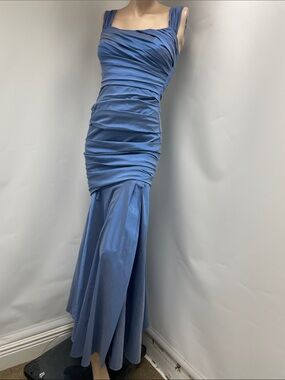 Theia Dusty Blue Ruched Satin Mermaid Long Dress